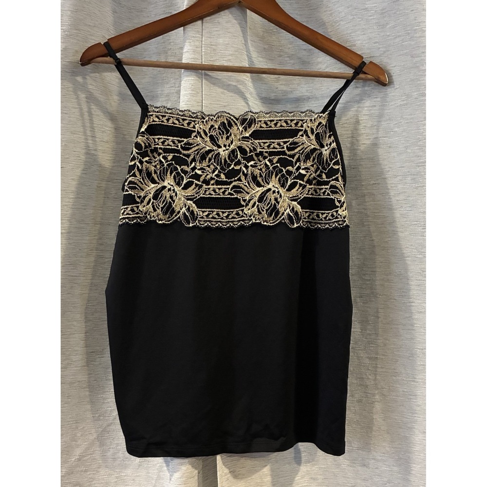 Boutique Essentials Black Beige Lace Camisole Tank Top Large Coquette Floral
